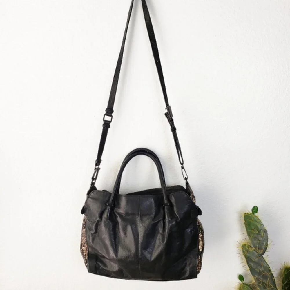 Elliott LUCCA Leather Metallic Woven Detail Slouchy Hobo Bag Large